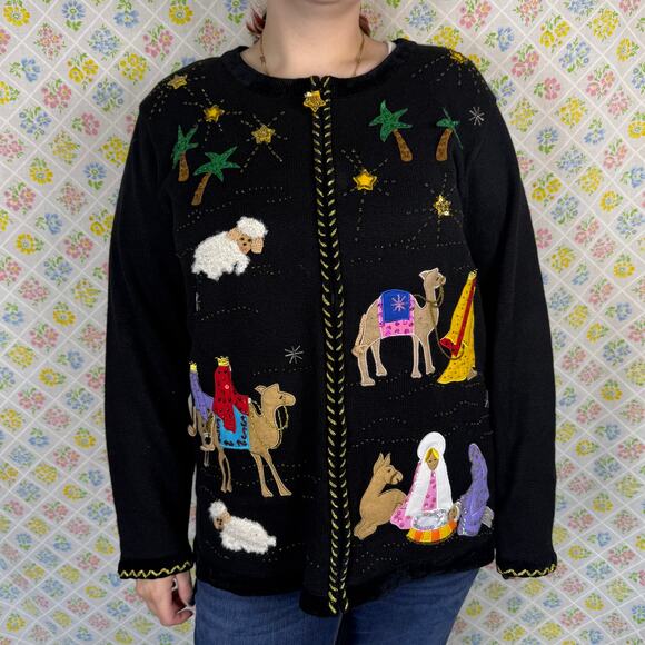 The Quacker Factory knitted embroidered nativity holiday christmas sweater XL - Picture 1 of 10